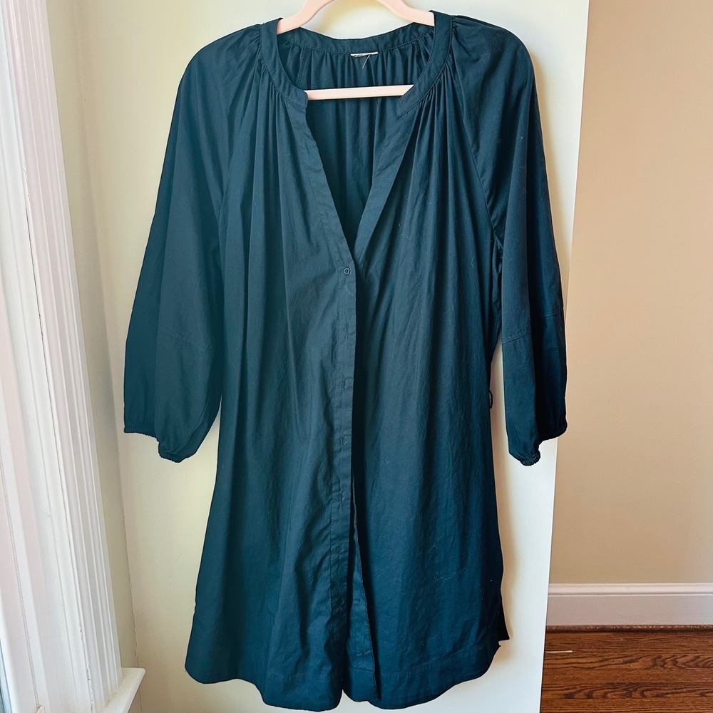 Black Cotton Poplin Mini Shirt Dress Medium Puff Sleeve Minimalist - Picture 2 of 7